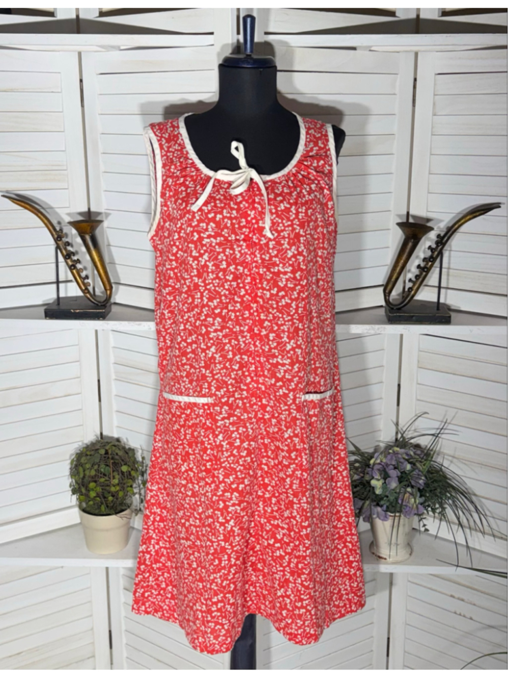 Vintage 60s midi dress red floral boho fairy festival sleeveless prairie cottage
